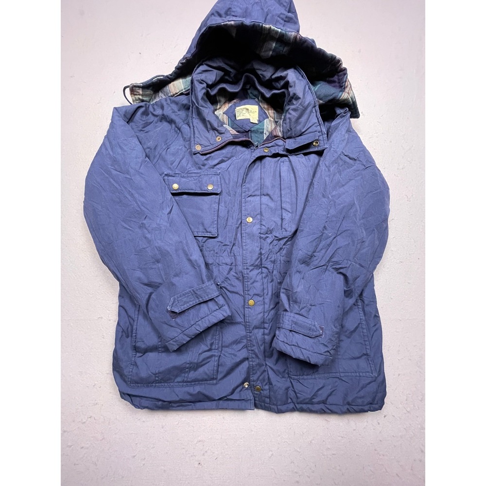 St. Johns Bay Field Jacket Mens XLT Blue Flannel Lined Hooded Parka Excellent